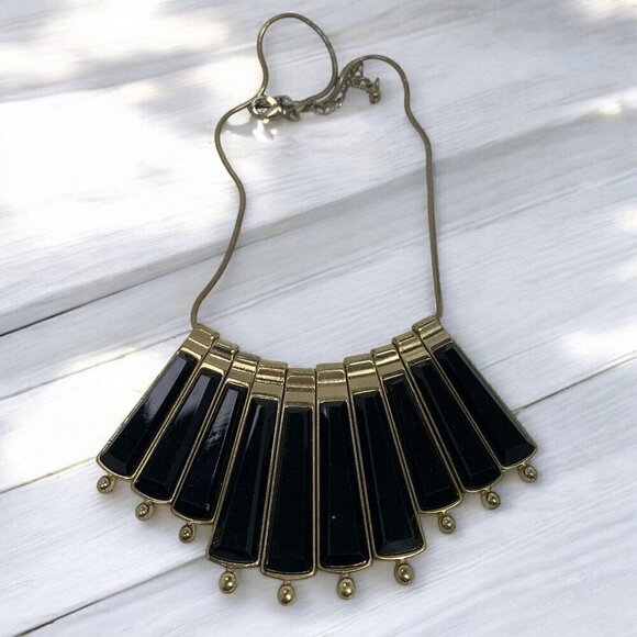 Vintage Bib Necklace With Black & Gold Fan Pendant Gold Tone Snake Chain 18"L+3" - Picture 5 of 5